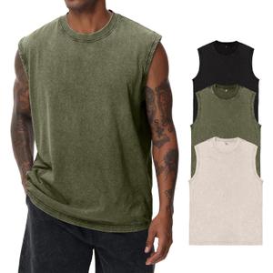 Mens Cotton Sleeveless Tank Tops Cut Off Muscle Gym T Shirts Running Beach Loose Fit Tees (Large, Ivory/Army Green/Black)