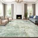 9x12 Area Rugs for Living Room, Non-Slip Machine Washable Vintage Rugs, Abstract Low Pile Lightweight Large Rug for Bedroom, Dining Room, Home Office Green Ivory