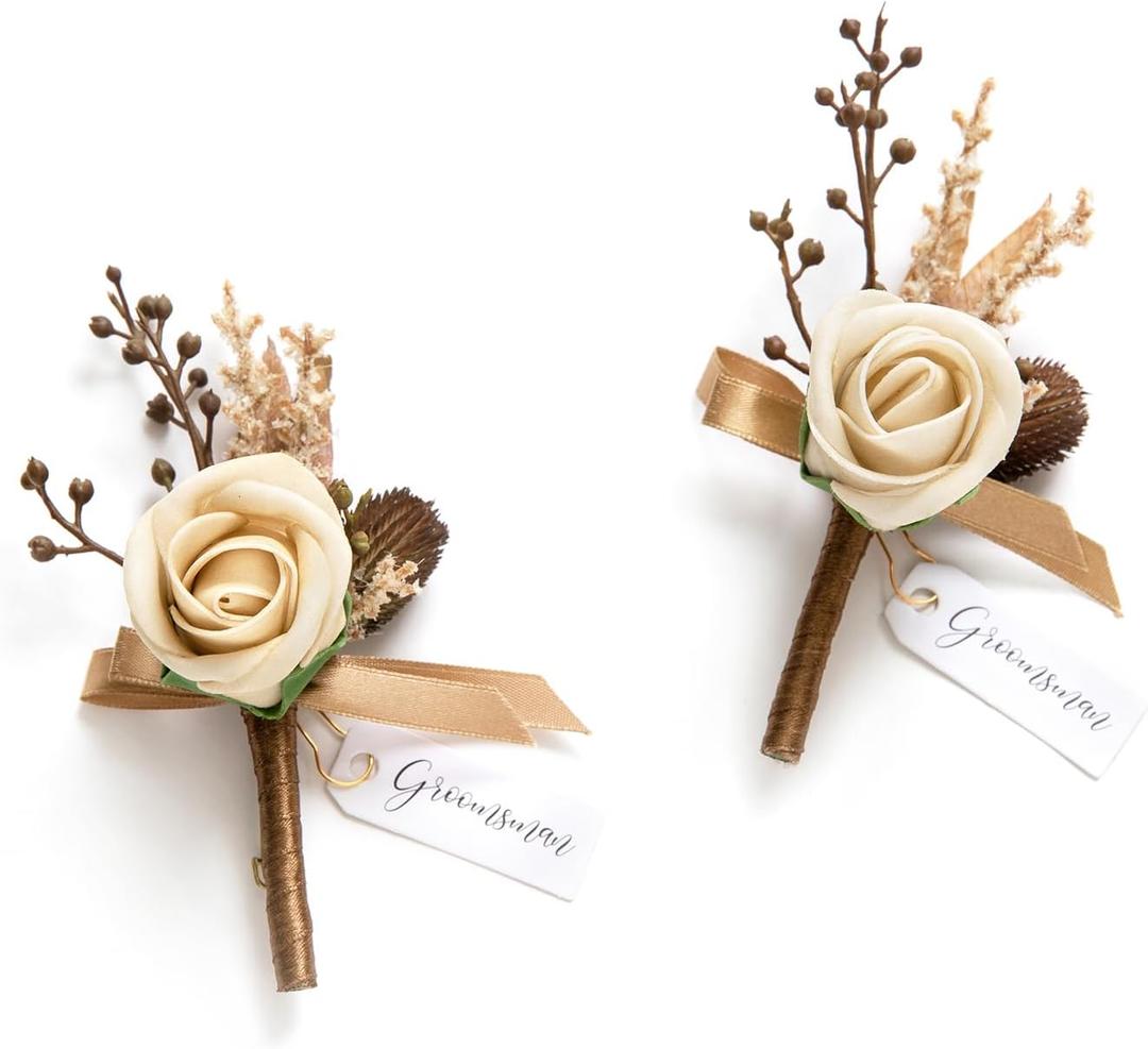Ling's moment Boutonniere for Men, 2pcs Groom Groomsmen Guest Boutonniere, Artificial Flowers for Wedding/Prom/Homecoming, etc.Brown Beige