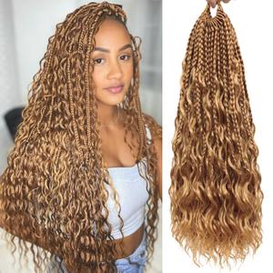 Eeanno Goddess Box Braids Crochet Hair 18 Inch 7 Packs Honey Blonde Boho Hair for Black Women Pre Looped Crochet Box Braids with Curly Ends, 27