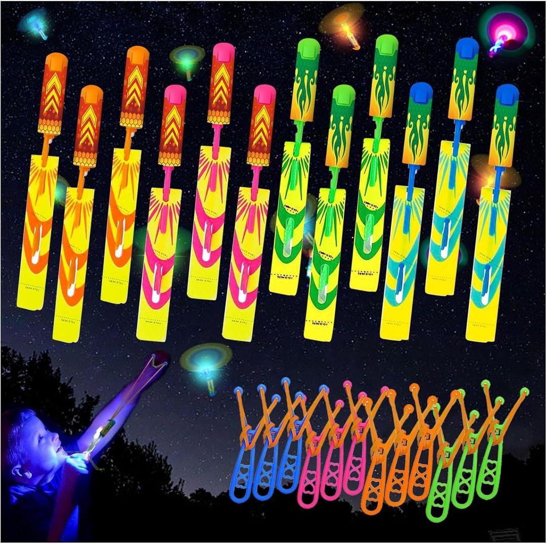 Slingshots Rocket Launcher for Kids, Finger Rocket Flying Copter with Led Lights- Flying Rockets Toys Summer Activities Camping Games Party Favor Gifts for Boys Girls Age 3+ (12 Pack)