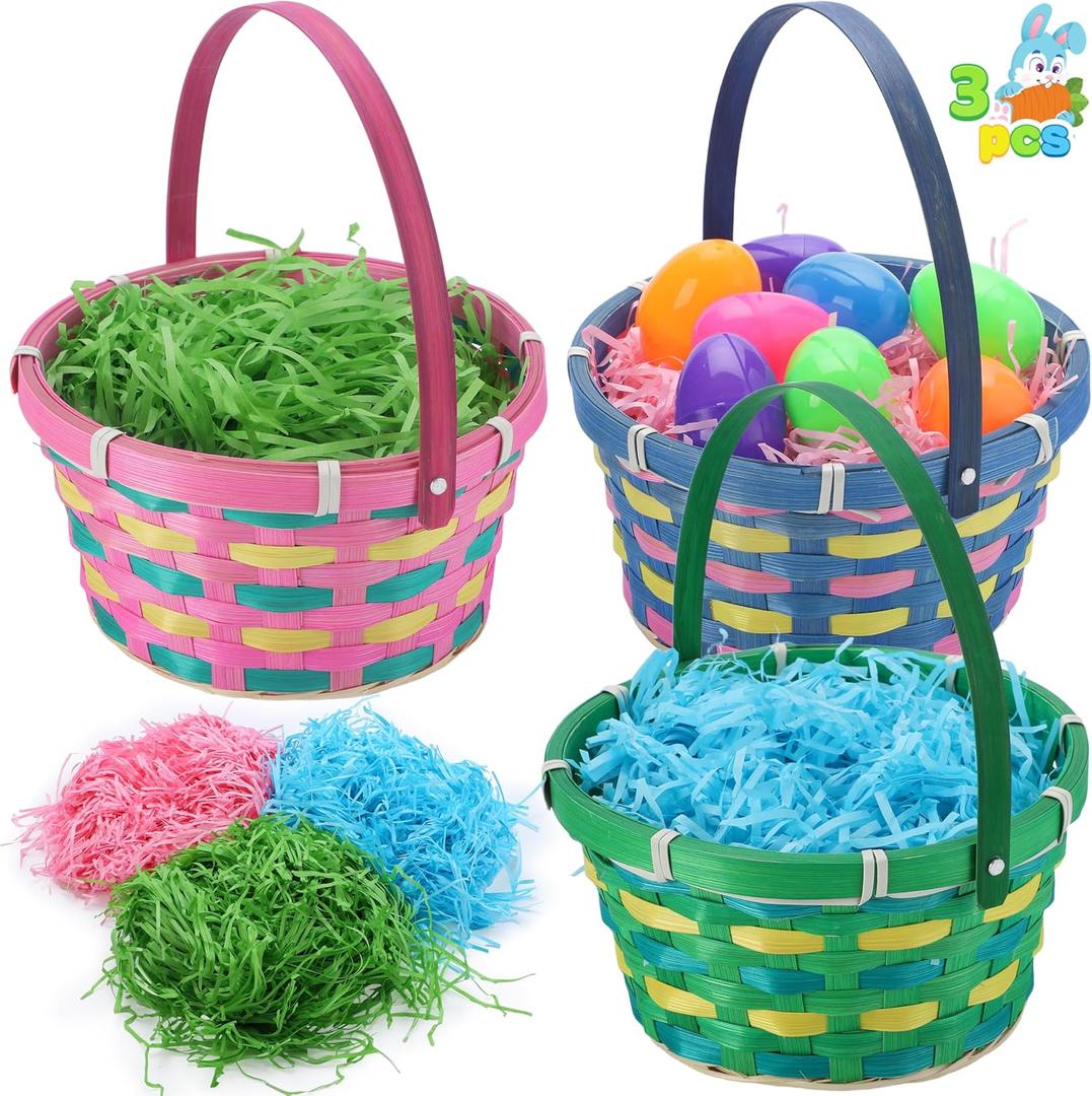JOYIN 3 Pcs Easter Bamboo Baskets Woven Goodie Empty Gift Basket with Handle and Grass Paper Shreds for Easter Egg Hunt, Kids Party Supplies, Filling with Candy & Party Favors(7.7"X8.5")