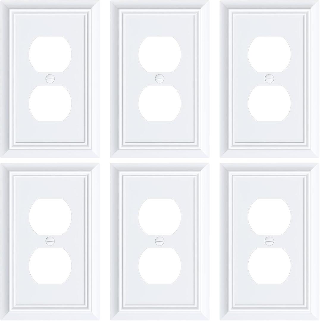 6-Pack Duplex Outlet Cover Plate, Decorative Pure White Switch Plates and Outlet Covers, Natural Bamboo Fiber Wall Plates for Electrical Outlets, 1 Gang Receptacle Cover, Corrosion Resistant