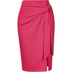 Kate Kasin Women's Skirt Elastic High Waist Bow Tie Knee Length Stretch Bodycon Pencil Skirts with Slit XL