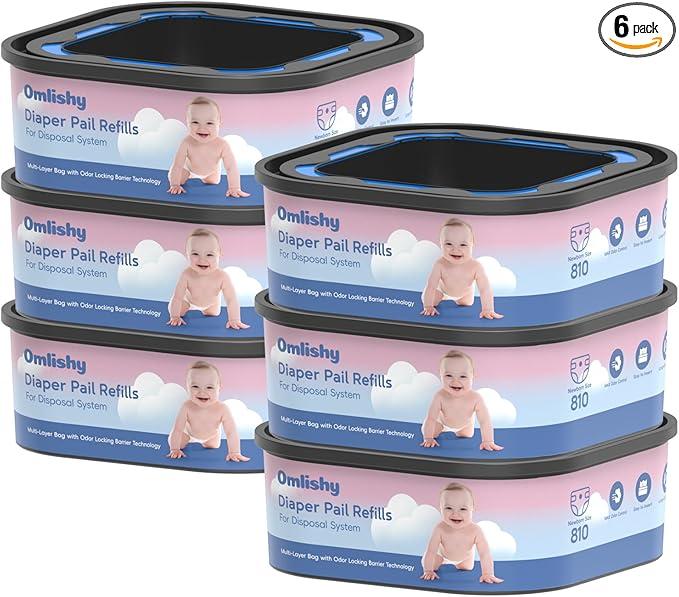 6 Pack Jumbo Square Bags Refill Compatible with Diaper Genie Compact, Select Pails (Not Fit Classic), Max Odor Control, Disposal Bag Refills with Continuous Film, Hold Up to 810 Newborn-Sized Diapers
