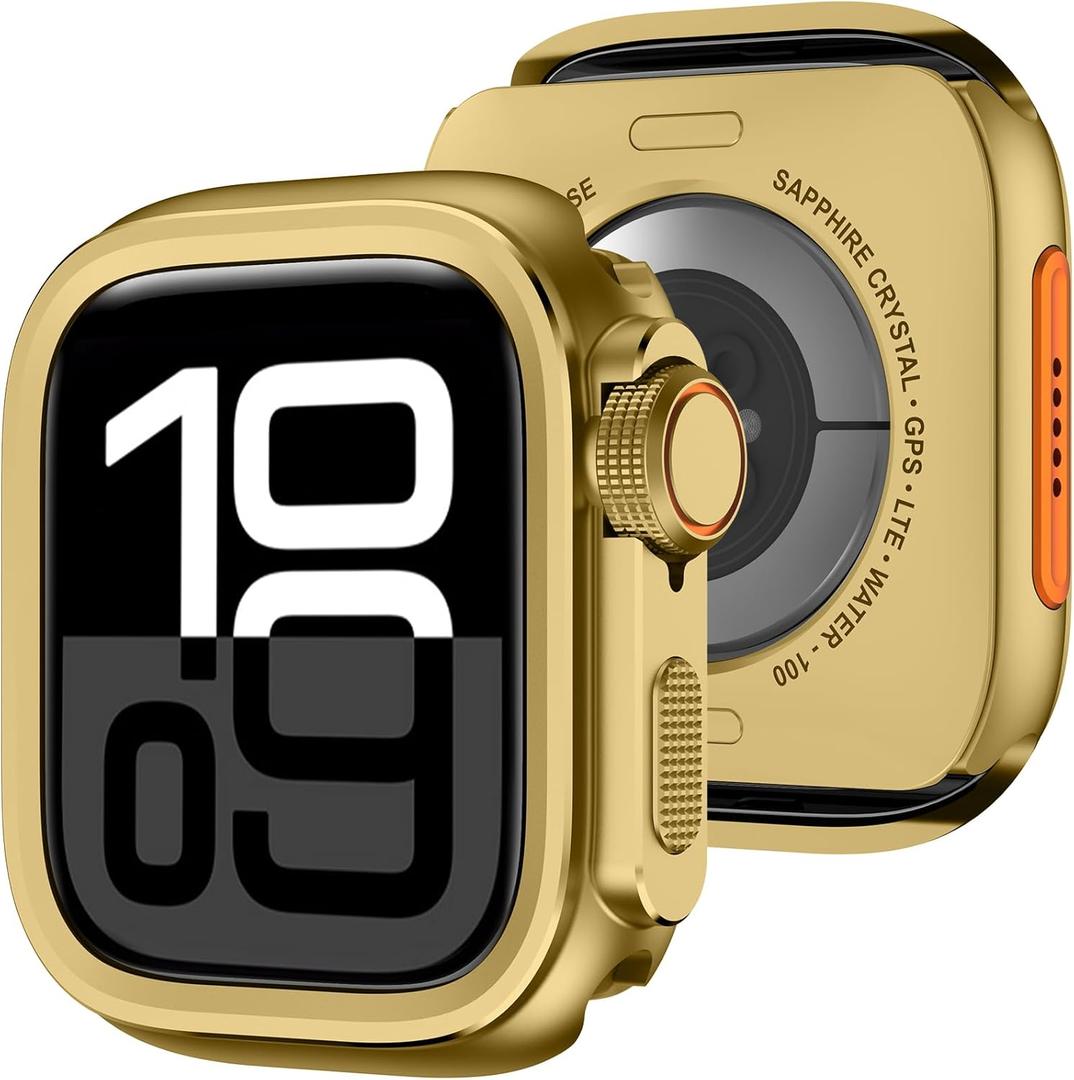 Amizee 2 in 1 Metal Case Compatible with Apple Watch Series 11/10 46mm with Back Cover, Rugged Shockproof Protective Bumper Cover for iWatch 46mm, Gold