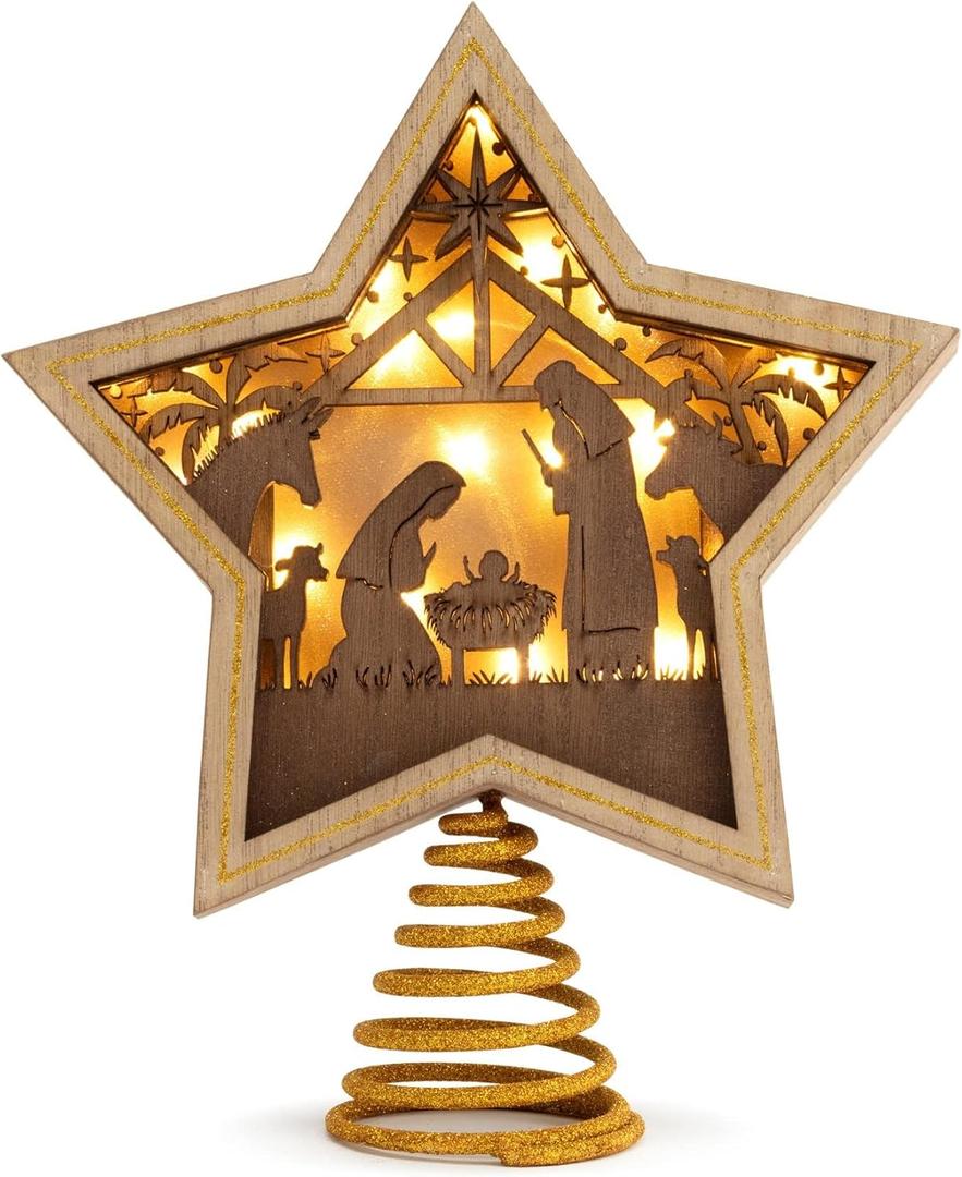DEMDACO Gold Accented Wooden Star with Cutout Nativity Scene and Warm LED Shadow Box 10 x 8.5 Inches Christmas Tree Topper