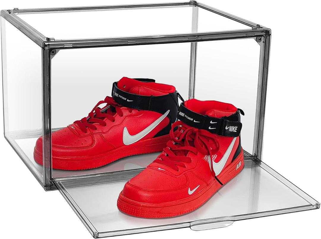 Shoe Storage Boxes Size 14, Acrylic Shoe Box Sneaker Display Case Plastic Stackable Shoes Boots Organizer with Magnetic Lid, 1 Pack, Black