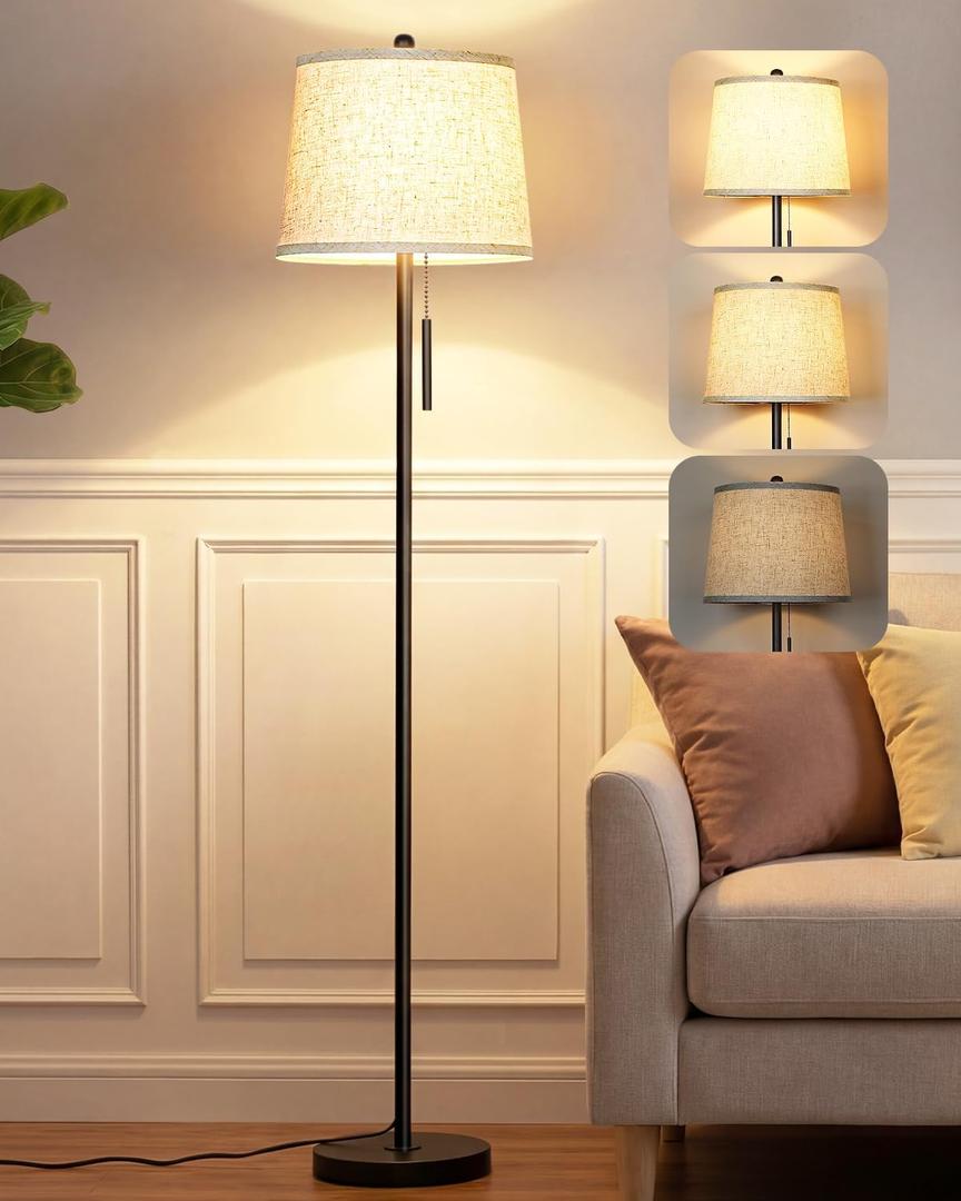 JUNNAI Upgraded Modern Black Floor Lamp 63in Standing Lamp for Living Room Bedroom Office 3 Way Brightness Dimmable Tall Pole Light with Beige Linen Shade Metal Shade 8W 3000K LED Bulb Included