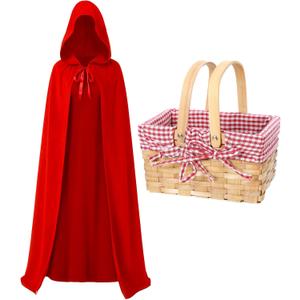 Hicarer Red Riding Hooded Cape with Picnic Basket Gingham Lining Red Cape Long Velvet Hooded Cloak with Basket for Halloween Costume Women (Small)