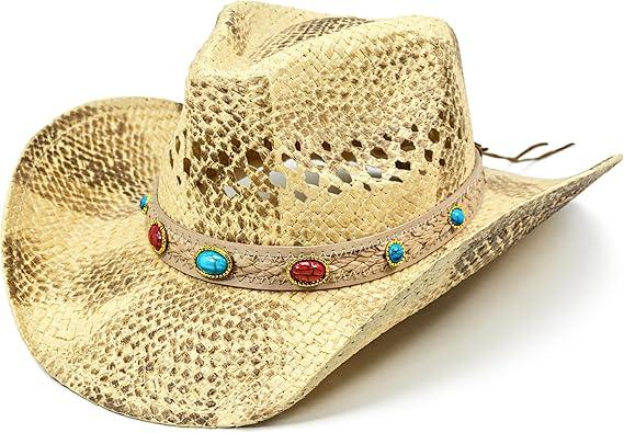 FLUFFY SENSE. Cowgirl Hats for Women Straw Cowboy Hat Western Beach Sun Hat with Shapeable Brim for Coastal Cowgirl (Sunkissed Blonde, 6 5/8-7 1/2)