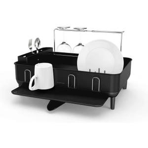 simplehuman Large Capacity Dish Drying Rack with Stainless Steel Frame, 360 Easy Drain Swivel Spout, Utensil & Wine Glass Holder, Anti-Residue Coating, Moisture Control Surface, Matte Black (Full-Size (20'' X 22.3'' X 11.5''))