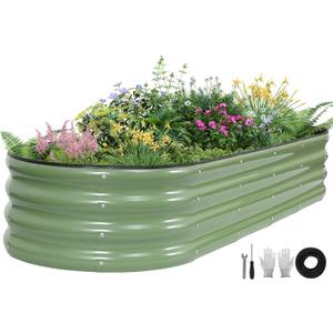 Galvanized Raised Garden Bed - 621ft Planter Raised Beds for Gardening | Oval Metal Garden Planter Box with Safety Edging and Gloves for Vegetables Fruits and Flower OliveGreen