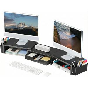 OPNICE Desk Organizers and Accessories, Dual Monitor Stand Riser with Drawer and 2 Pen Holders, Desk Shelf Metal Computer Racks for Office Workspace Organizers, Desktop Organization (Black Metal)