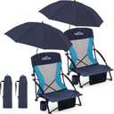 Homcosan Portable Low Folding Beach Chairs Set of 2 with Detachable Umbrellas - Lightweight Camping Chairs for Adults with Cup Holder & Storage Pockets, Carry Bag Included (Navy & Blue), 2 Packs