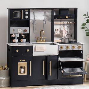 ROBOTIME Wooden Play Kitchen for Toddlers and Kids, Toy Kitchen Set with Ice Maker and Coffee Machine, Realistic Toddler Kitchen Set, Gift for Girls Boys Ages 3+, Large
