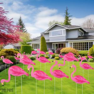 30 Pcs Summer Beach Pink Flamingo Yard Signs with 60 Stakes 4 Styles Flamingo Lawn Signs for Indoor Outdoor Home Decorations Tropical Yard Lawn Patio Accessories Party Supplies