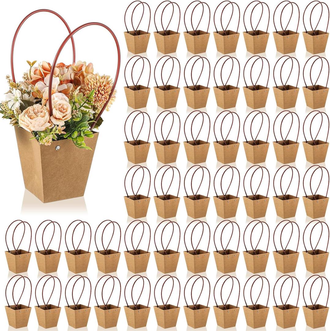 Gilprop 50 Packs Bouquet Bag Kraft Paper Flower Gift Bags with Handle Brown Bouquet Bag Box with Waterproof Lining for Birthday Wedding Party Favors (12.5 x 4.9 x 3.1 Inch)