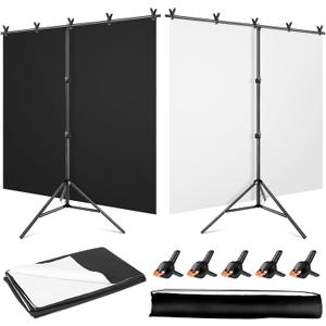 Black White Backdrop Screen with Stand Kit 5x6.5ft for Photo Video Studio, 2-in-1 Revisible Black Backdrop White Screen with T-Shaped Photography Background Support Stand and 5 Clamps