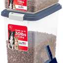 IRIS USA Dog Food Storage Container, 30 lbs & 11 lbs Combo, Cat Food Storage Container, Dog Treat Container, Airtight, Stackable, 2-Cup Scoop, Wheels, Easy Mobility, Navy, 3-Piece Set - 30 lbs + 11 lbs