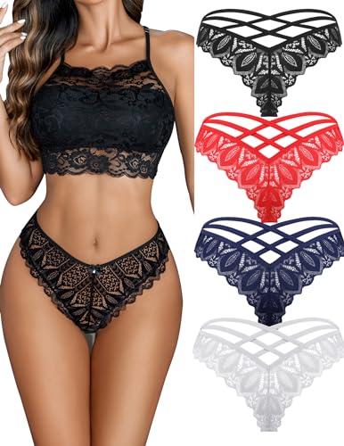 Avidlove Womens Underwear Lace Cheeky Panties Criss Cross Back Bikini Thongs Sexy Undies Black/White/Red/Dark Blue L