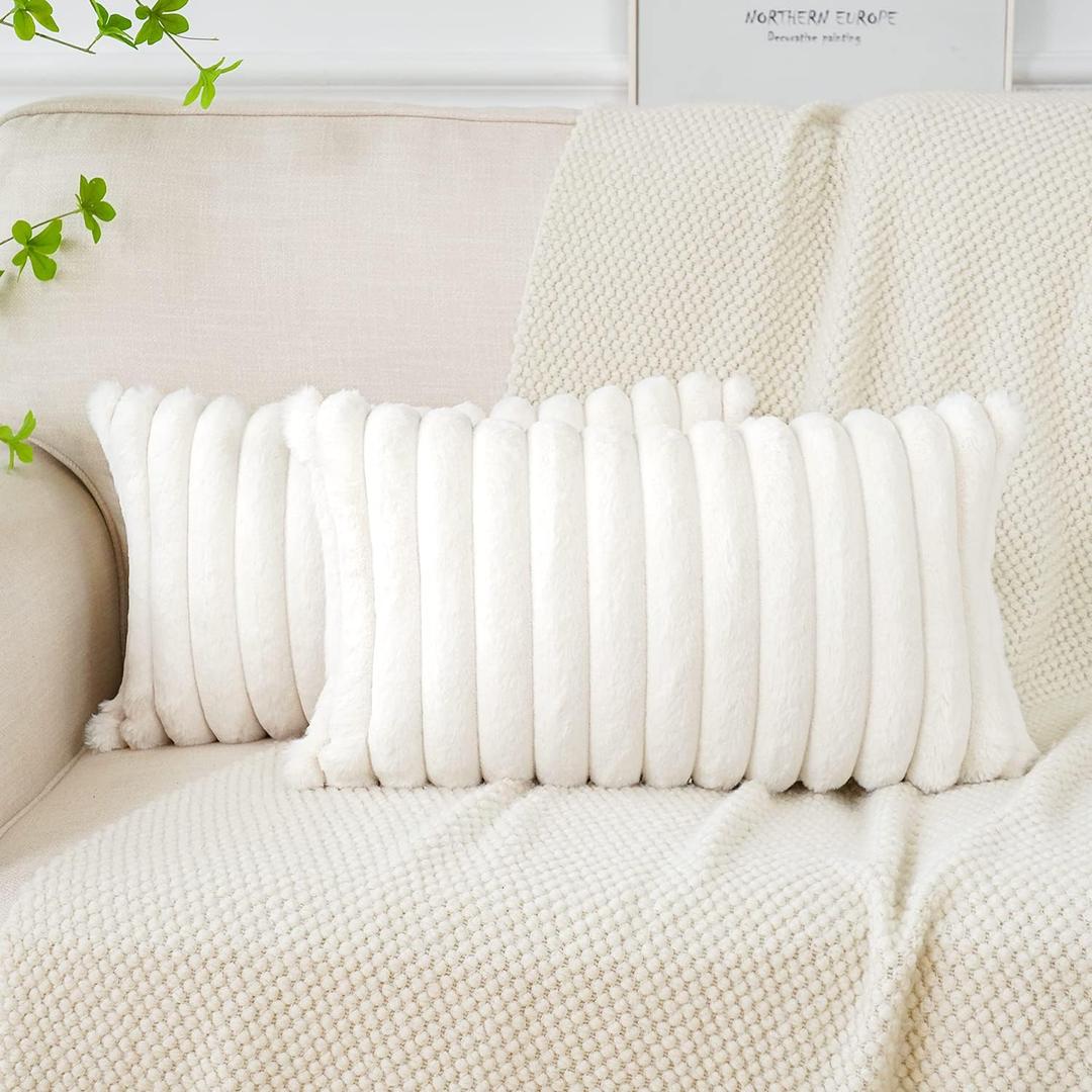Soleebee Set of 2 Throw Pillow Covers Soft Cozy Velvet Pillowcase Faux Rabbit Fur Cover for Couch Sofa Bed Chair Home Decorative Pillows Cover (12x20 Inch, Beige White)
