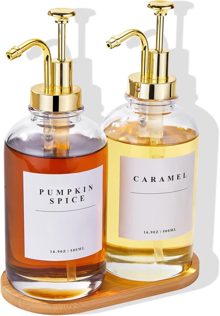 Coffee Syrup Dispenser for Coffee Bar, Coffee Syrup Pump Dispenser, Glass Syrup Bottle with Gold Upgraded Pump, 2 Pack 16.9 oz 500 ml Syrup Dispensers, 28 Labels and Bamboo Tray (500ml, Set of 2, Gold of 2)