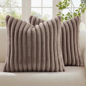 decorUhome Cozy Faux Fur Throw Pillow Covers 20x20 Set of 2 Decorative Soft Plush Striped Modern Farmhouse Boho Couch Pillow Cases with Velvet Back for Sofa Bed Living Room, Light Coffee