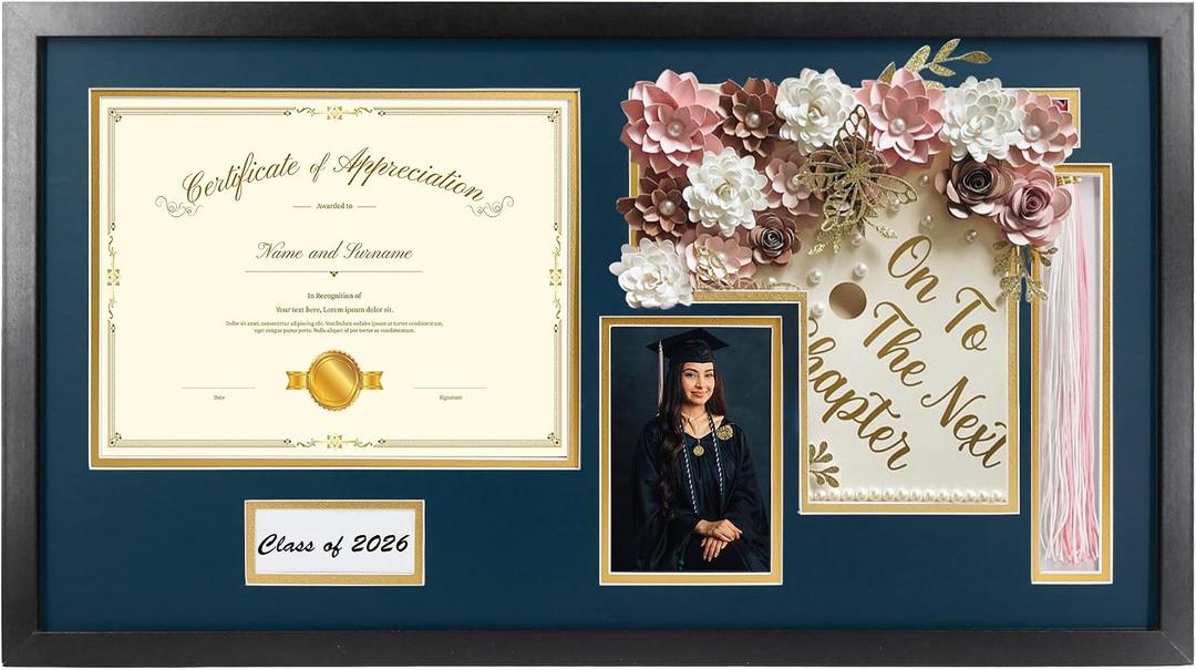 14x26 Black Shadow Box Diploma Frame with Graduation Cap & Tassel Holder for 8.5x11 Diploma and 4x6 Photo with MDF Wood and Plexiglass, Navy Over Gold Mat for Wall, Graduation Keepsakes