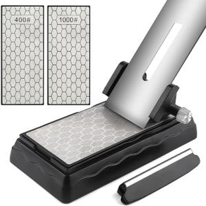 Diamond Sharpening Stones with Honing Guide, Kalolary Knife Sharpener Stone with Non-Slip Base for Chisels Planes Sharpening Stone Set Fine/Coarse Diamond Sharpening Plate with Angle Guide (400/1000)