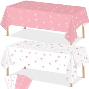 4 Pieces Pink Bow Tablecloths Bow Theme Tablecover Pink Bows Birthday Party Plastic Disposable Rectangle Table Covers for Girl Bachelorette Bridal Baby Shower Coquette Party Decorations Supplies