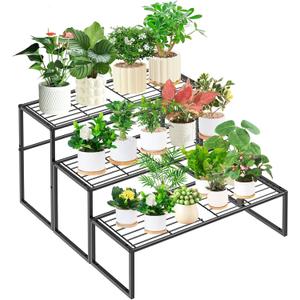 Gouisalin 3 Tier Metal Plant Stand Indoor Outdoor, Potted Multiple Flower Pot Holder Rack Plant Shelf, Heavy Duty Planter Display Shelving for Patio Balcony Garden Living Room Decorative (3 Tier Black)