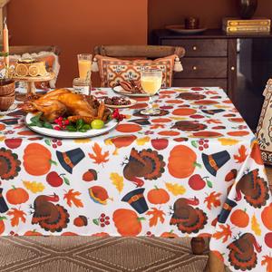 LUSHVIDA Rectangle Fall Tablecloth 60x102 inch Pumpkins & Turkeys- Washable Wrinkle Resistant Thanksgiving Tablecloth for Fall/Harvest Dinner Party Banquet Holiday Table Cover 130GSM (Pumkins and Turkeys)