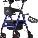 Upright Walkers for Seniors, 450 lb Heavy Duty Stand Up Rollator Walker with Adjustable Soft Sponge Armsupport & Seat, Tall Standing Folding Rolling Walker with 8'' Wheel, Blue