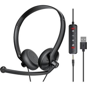USB Headset with Microphone for PC Laptop - Wired Computer Headphones with Noise Cancelling Microphone for Home Office Online Class Skype Zoom Meetings, in Line Mute Controls (Black)