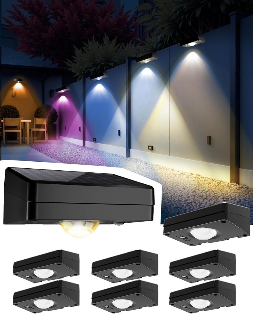 Solar Fence Lights Outdoor Waterproof 8 Pack,Solar Deck Lights with Warm & Cool White + RGB Modes (Fixed/Jump/Breath),10 Colors LED Step Lights,Dusk to Dawn Wall Lights for Patio,Yard,Stairs,Pathway
