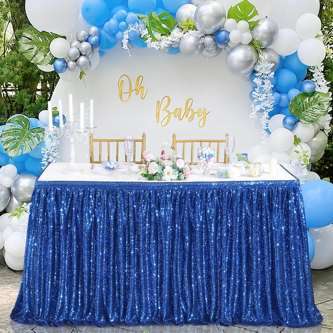 Royal Blue Sequin Table Skirts for rectangle tables 6ft Sparkle Party Tablecloth Baby Shower Birthday Decorations