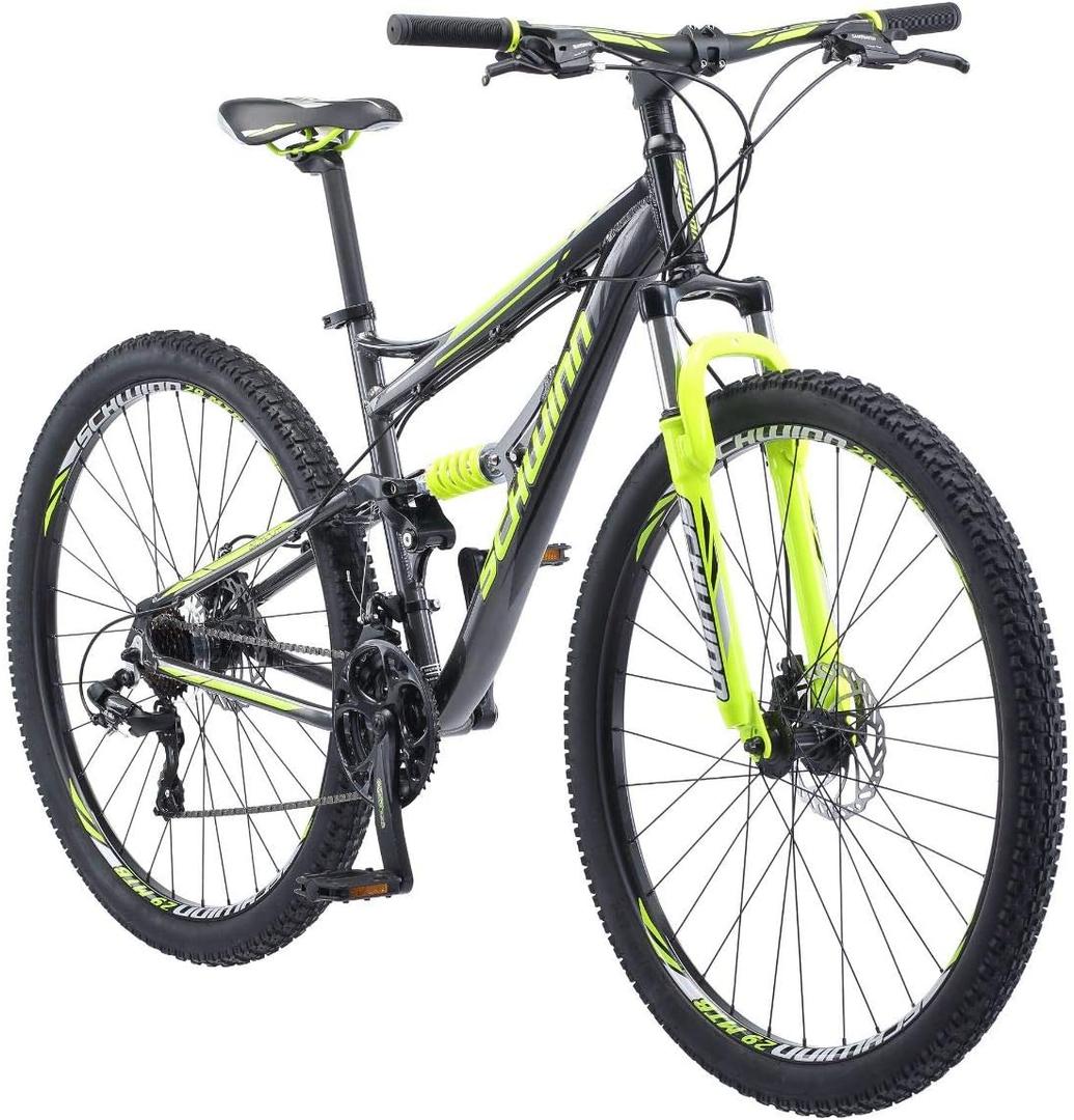 Schwinn Traxion Mountain Bike for Adult Men Women, 29-Inch Wheels, Full Suspension, 24-Speed Shimano Drivetrain, Trigger Shifter, 18-Inch Aluminum Frame, Mechanical Disc Brake, Matte Grey/Neon Green