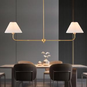 Gold Linear Chandelier, 2-Light Modern Chandelier for Dining Room Light Fixture, Dining Light Fixtures with White Fabric Shade Pendant Lights Kitchen Island for Restaurant, Living Room, Bedroom