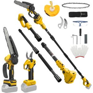 8 Inch Mini Chainsaw with Extension Pole and 30 mm Electric Secateurs Compatible with Dewalt 20V Battery, 4-in-1 Garden Tool Set Maximum Range up to 4.57 m for Tree Trimming Pruning (No Battery)
