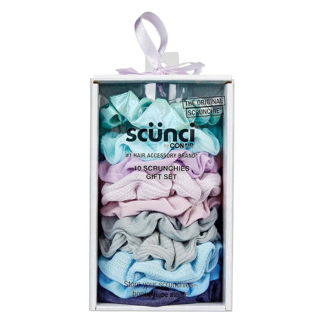 Scunci by Conair Teen Girl Holiday Gift Set, Christmas Stocking Stuffer Gift Box Under $20, Includes 10 Scrunchies in Icy Blue Shades