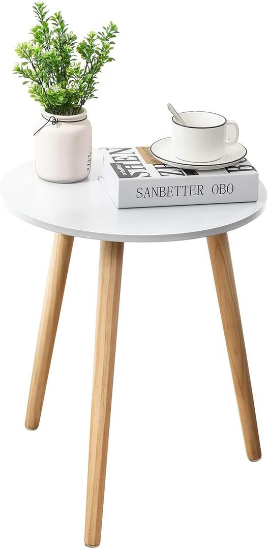Apicizon Round Side Table, White Bedside Table Coffee End Table for Bedroom, Living Room, Small Spaces, Easy Assembly Nightstands with Natural Wood Legs, 16.5 x 20.5 Inches