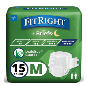 FitRight Extended Wear Overnight Adult Briefs with Tabs, Maximum Absorbency Adult Diapers, Medium (15 Count)