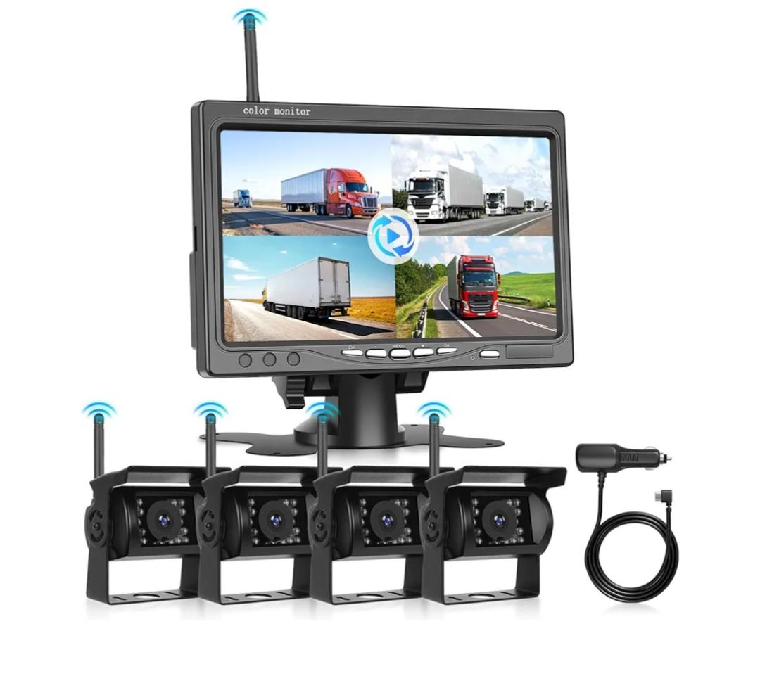 4 Channel Backup Camera for Car Truck Digital Wireless Rear View Monitor with Blind Spot Warning Reverse Cameras Waterproof Night Vision, Recording, Driauto 7 Inch Quad Split Screen Camera System