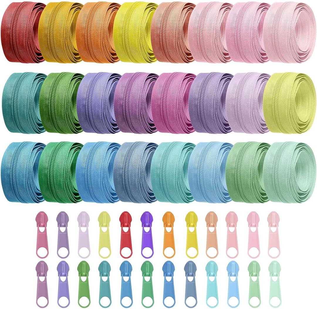 Syhood 24 Colors Zipper Repair Kit, #5 Nylon Coil Sewing Zippers Sewing Supplies Zipper Tape Zippers by the Yard with 96 Pcs Zip Pulls Sliders Purse Hardware for Bags Making(24yard,Macaron)