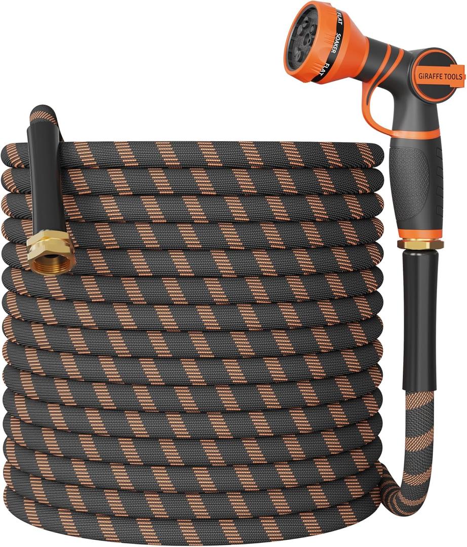 Giraffe Tools Garden Hose 100FT NonExpandable Lightweight Flexible Water Hoses Burst 600 psi with 9 Spray Function Nozzle Heavy Duty Hose