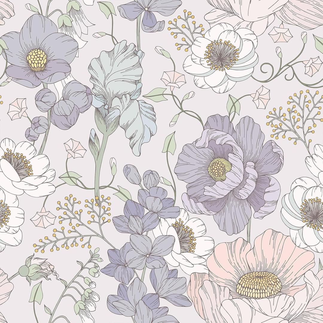 VEELIKE Vintage Purple Floral Wallpaper Peel and Stick Anemone Flower Wallpaper for Girls Room Nursery Bathroom 17.7''x354'' Removable Prepasted Floral Wall Mural Contact Paper for Cabinets Drawers