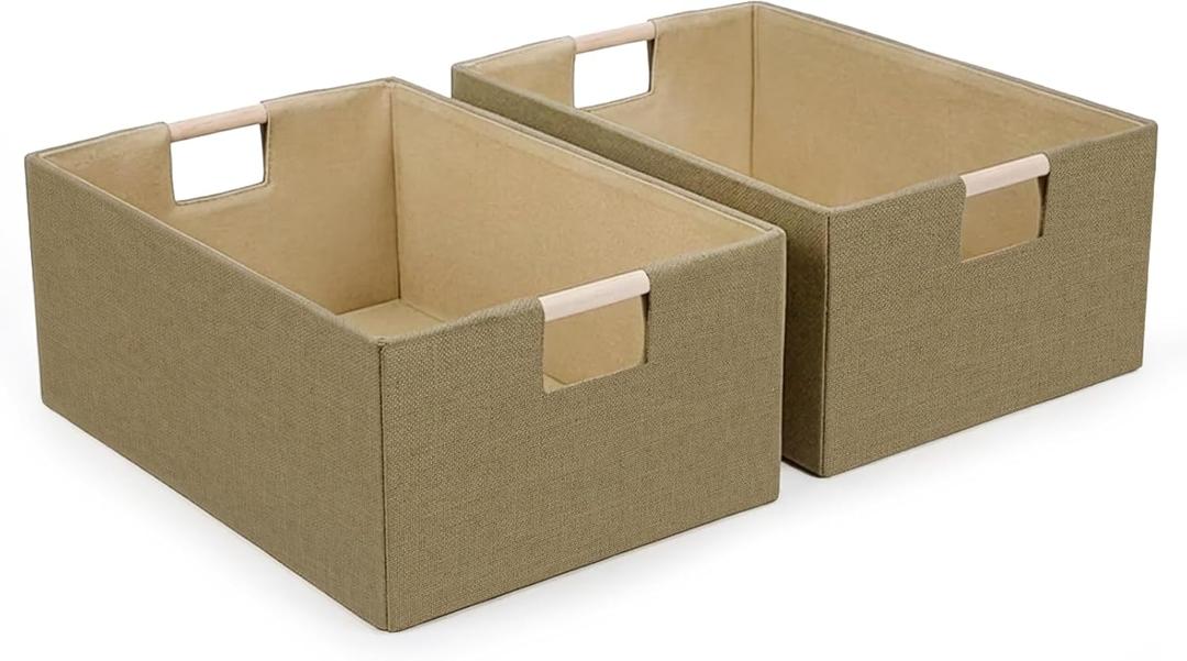 Foldable Fabric Storage Baskets Set of 2 for Shelves, Linen Decorative Storage Bins with Wooden Handles, Small Organizer Cubes for Closet, Rectangle Canvas Boxes for Organizing, Decor (Brown 2 Pack)