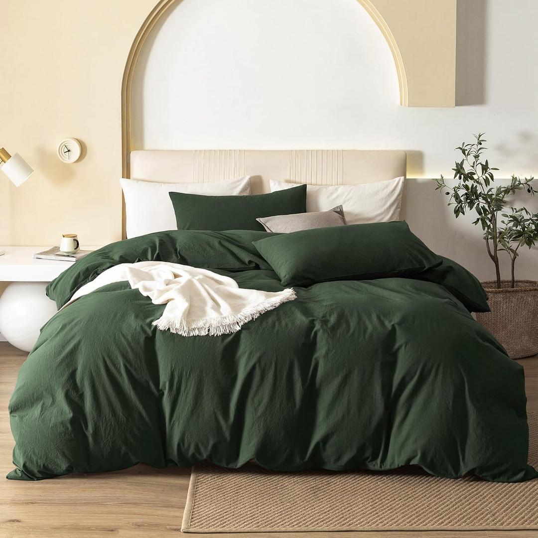 JIYUAN 100% Washed Cotton Duvet Cover Set 3 Pieces King, 1 Duvet Cover 104x90 Inches(Comforter Not Included) and 2 Pillowcases,Linen Feel Bedding Set Comfy and Breathable,Forest Green
