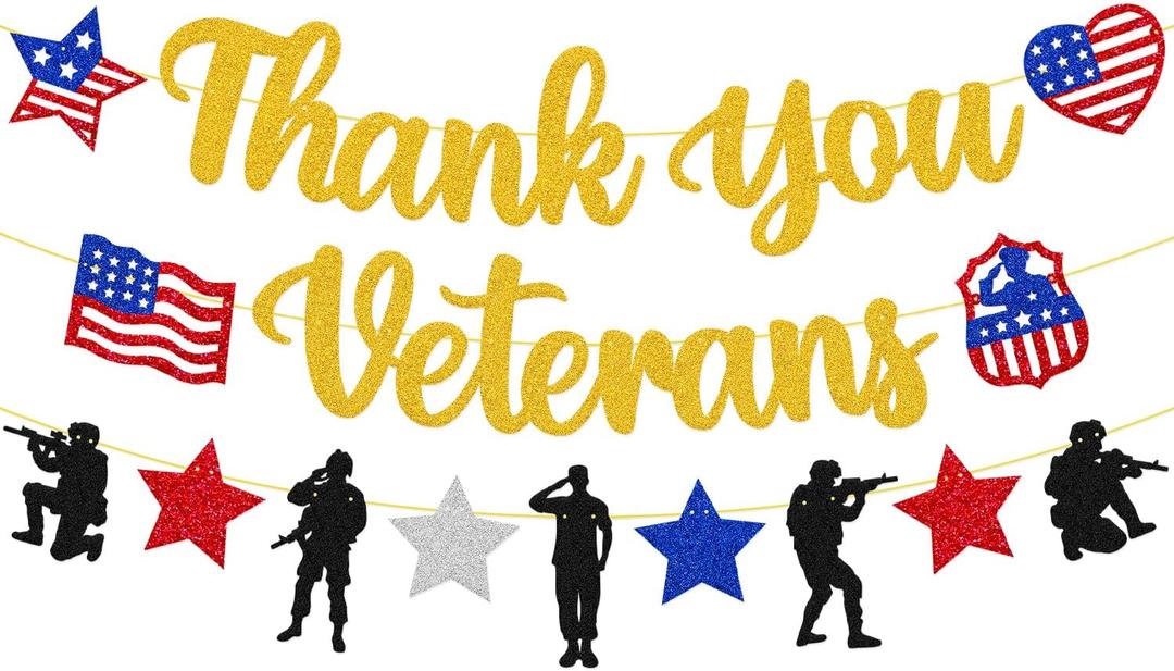 2 x Thank You Veterans Banner Happy Veterans Day Decorations America Patriotic Military Soldier Army Theme Dcor We Are So Proud of You Veterans Day Party Supplies Glitter Gold